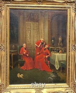 Ancienne peinture française à l'huile sur toile des cardinaux. Signé