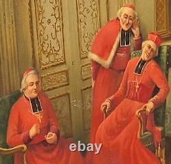 Ancienne peinture française à l'huile sur toile des cardinaux. Signé