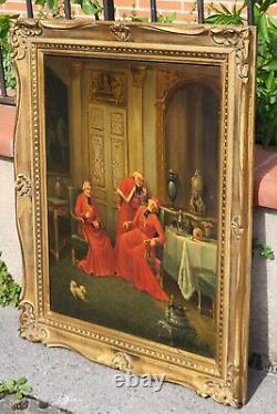 Ancienne peinture française à l'huile sur toile des cardinaux. Signé