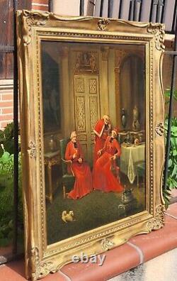 Ancienne peinture française à l'huile sur toile des cardinaux. Signé