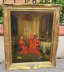 Ancienne peinture française à l'huile sur toile des cardinaux. Signé