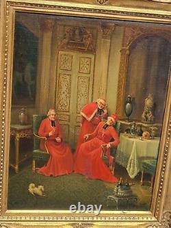 Ancienne peinture française à l'huile sur toile des cardinaux. Signé
