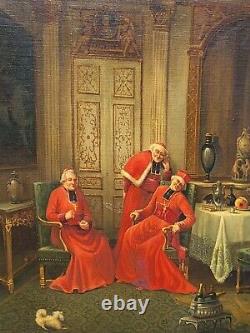 Ancienne peinture française à l'huile sur toile des cardinaux. Signé