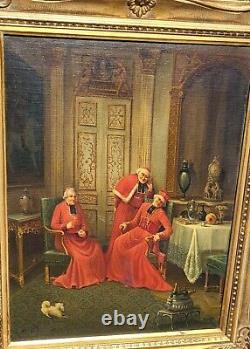 Ancienne peinture française à l'huile sur toile des cardinaux. Signé