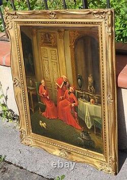 Ancienne peinture française à l'huile sur toile des cardinaux. Signé
