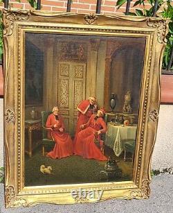 Ancienne peinture française à l'huile sur toile des cardinaux. Signé