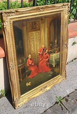 Ancienne peinture française à l'huile sur toile des cardinaux. Signé