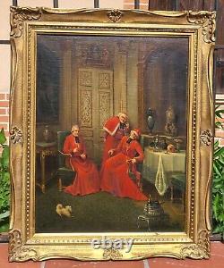 Ancienne peinture française à l'huile sur toile des cardinaux. Signé