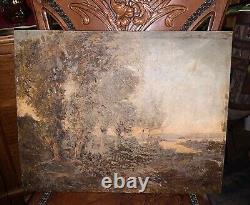 Ancienne peinture huile sur acajou XIXe paysage barbizon non signé