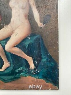 Ancienne peinture huile sur bois femme nu artistique drapée clair obscur 1900's