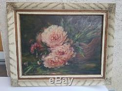 Ancienne peinture huile sur toile bouquet de fleur début XX ème s