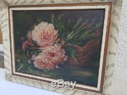 Ancienne peinture huile sur toile bouquet de fleur début XX ème s