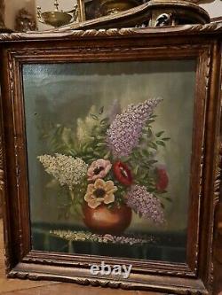 Ancienne peinture huile sur toile, bouquet de fleurs, signée