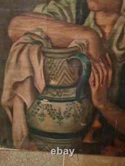 Ancienne peinture huile sur toile, femme à l'amphore