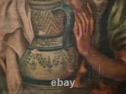 Ancienne peinture huile sur toile, femme à l'amphore