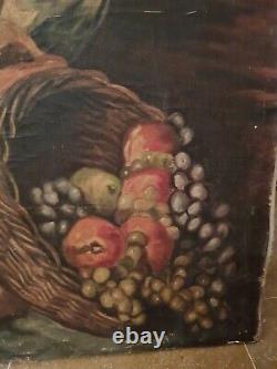 Ancienne peinture huile sur toile, femme à la corbeille de fruits