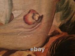 Ancienne peinture huile sur toile, femme à la corbeille de fruits