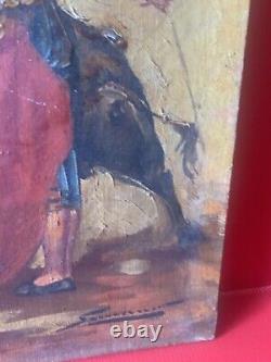 Ancienne peinture huile sur toile scène de corrida signé à identifier