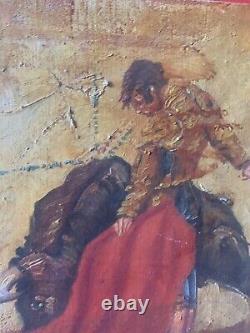 Ancienne peinture huile sur toile scène de corrida signé à identifier