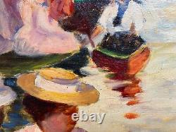 Ancienne peinture impressionniste signée, balade en barque sur la Marne