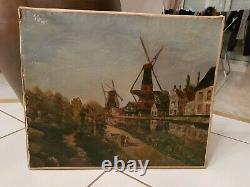 Ancienne peinture moulin à vent huile sur toile XIX ème s, signée Cailly