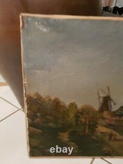 Ancienne peinture moulin à vent huile sur toile XIX ème s, signée Cailly