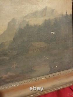 Ancienne peinture paysage de montagne, huile sur toile XIX ème s