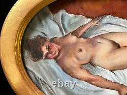Ancienne peinture, scène de nu feminin avec son cadre doré à fronton