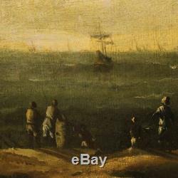 Ancienne peinture tableau italien paysage marine personnages huile sur toile 700