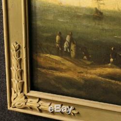 Ancienne peinture tableau italien paysage marine personnages huile sur toile 700