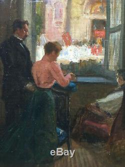 Ancienne scène d'interieur impressionniste huile sur toile ancienne XIX