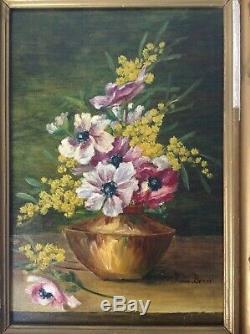 Andrée BENON (1887-1956) Tableau ancien Anémones Mimosas Huile sur toile Signée
