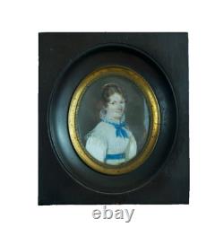 Beau Tableau ancien miniature Empire portrait de jeune femme au diadème 19e