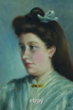 Beau Tableau ancien peinture portrait de jeune fille pensive impressionniste