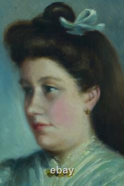 Beau Tableau ancien peinture portrait de jeune fille pensive impressionniste