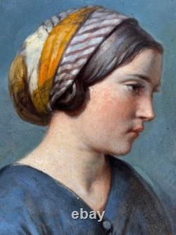 Beau Tableau ancien portrait de jeune femme profil foulard éc. Ingres hst 1830