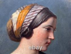 Beau Tableau ancien portrait de jeune femme profil foulard éc. Ingres hst 1830