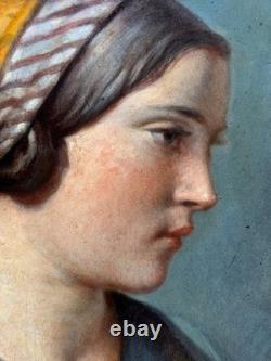 Beau Tableau ancien portrait de jeune femme profil foulard éc. Ingres hst 1830