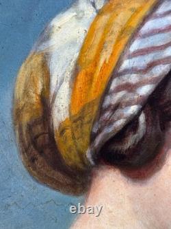 Beau Tableau ancien portrait de jeune femme profil foulard éc. Ingres hst 1830