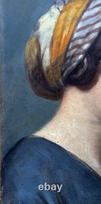 Beau Tableau ancien portrait de jeune femme profil foulard éc. Ingres hst 1830