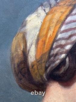 Beau Tableau ancien portrait de jeune femme profil foulard éc. Ingres hst 1830
