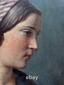Beau Tableau ancien portrait de jeune femme profil foulard éc. Ingres hst 1830