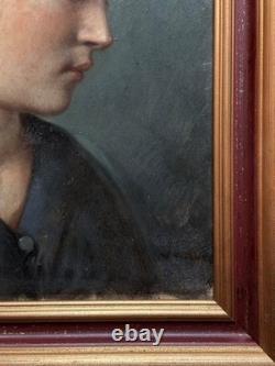 Beau Tableau ancien portrait de jeune femme profil foulard éc. Ingres hst 1830