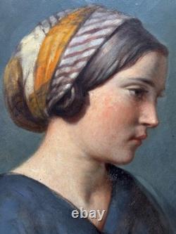 Beau Tableau ancien portrait de jeune femme profil foulard éc. Ingres hst 1830
