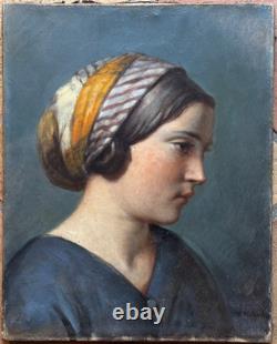 Beau Tableau ancien portrait de jeune femme profil foulard éc. Ingres hst 1830