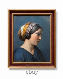 Beau Tableau ancien portrait de jeune femme profil foulard éc. Ingres hst 1830
