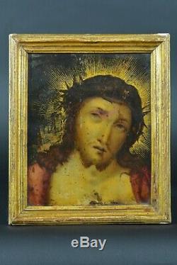 Beau Tableau religious ancien Portrait Christ Ecce Homo sur cuivre 17 ème