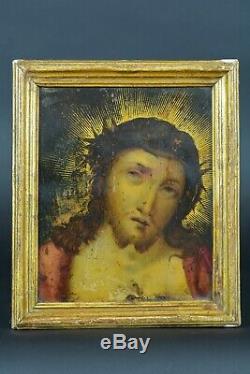 Beau Tableau religious ancien Portrait Christ Ecce Homo sur cuivre 17 ème