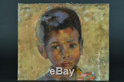 Beau tableau ancien portrait d'enfant Indochine Asie Huile sur toile N°1