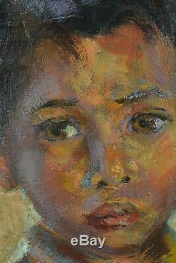 Beau tableau ancien portrait d'enfant Indochine Asie Huile sur toile N°1